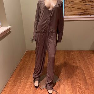 Free People Khaki Colored Jumpsuit In Rayon Button Front Tie Waist Size 12